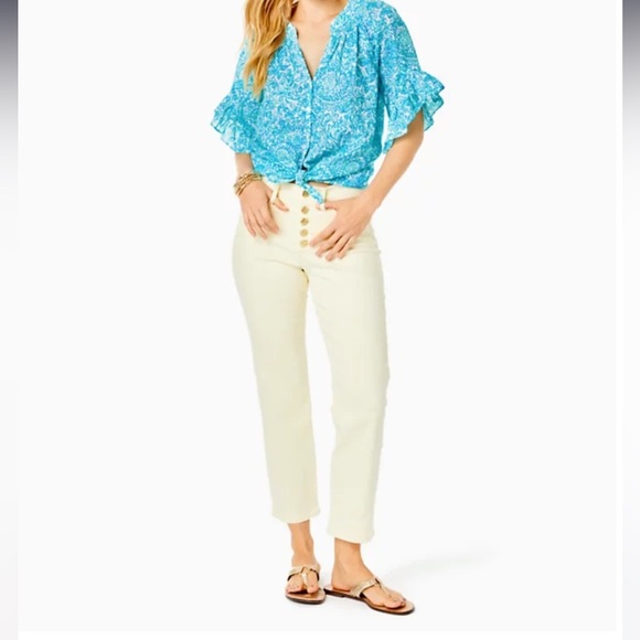 Lilly Pulitzer South Ocean High Rise Straight Leg Jean Lemon Meringue Size 8 NWT - Picture 2 of 16